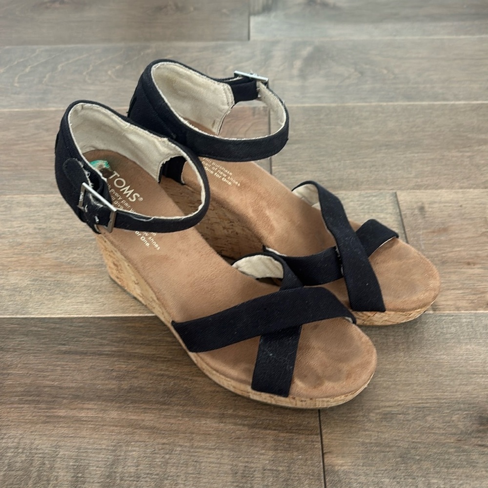 Toms Black Cork Wedges